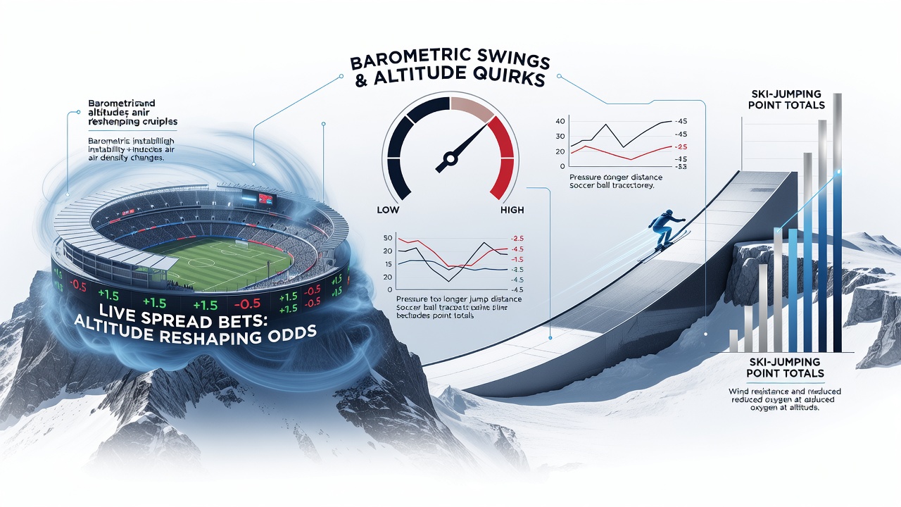 High-altitude soccer stadium with dramatic weather changes affecting ball flight and live betting odds