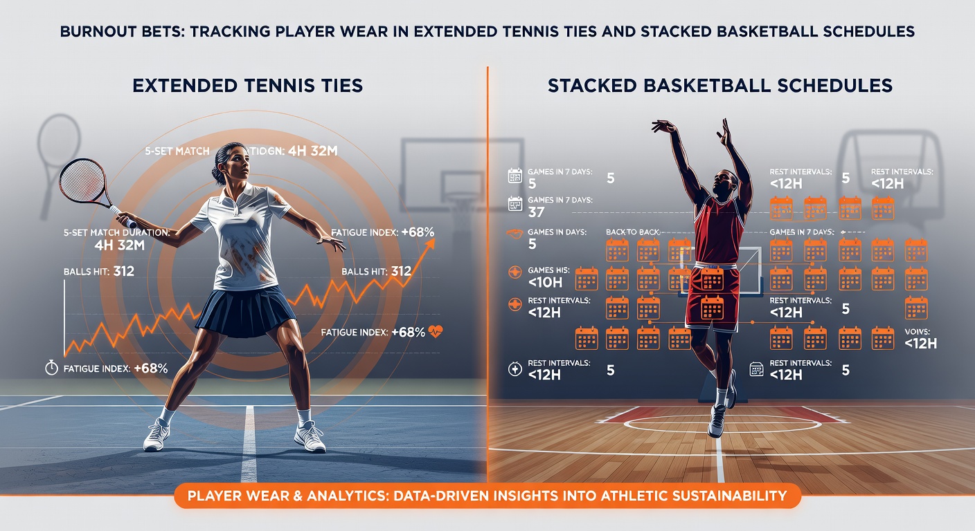 Tennis player exhausted during a grueling fifth-set tiebreak under stadium lights, sweat dripping as the match stretches into the night