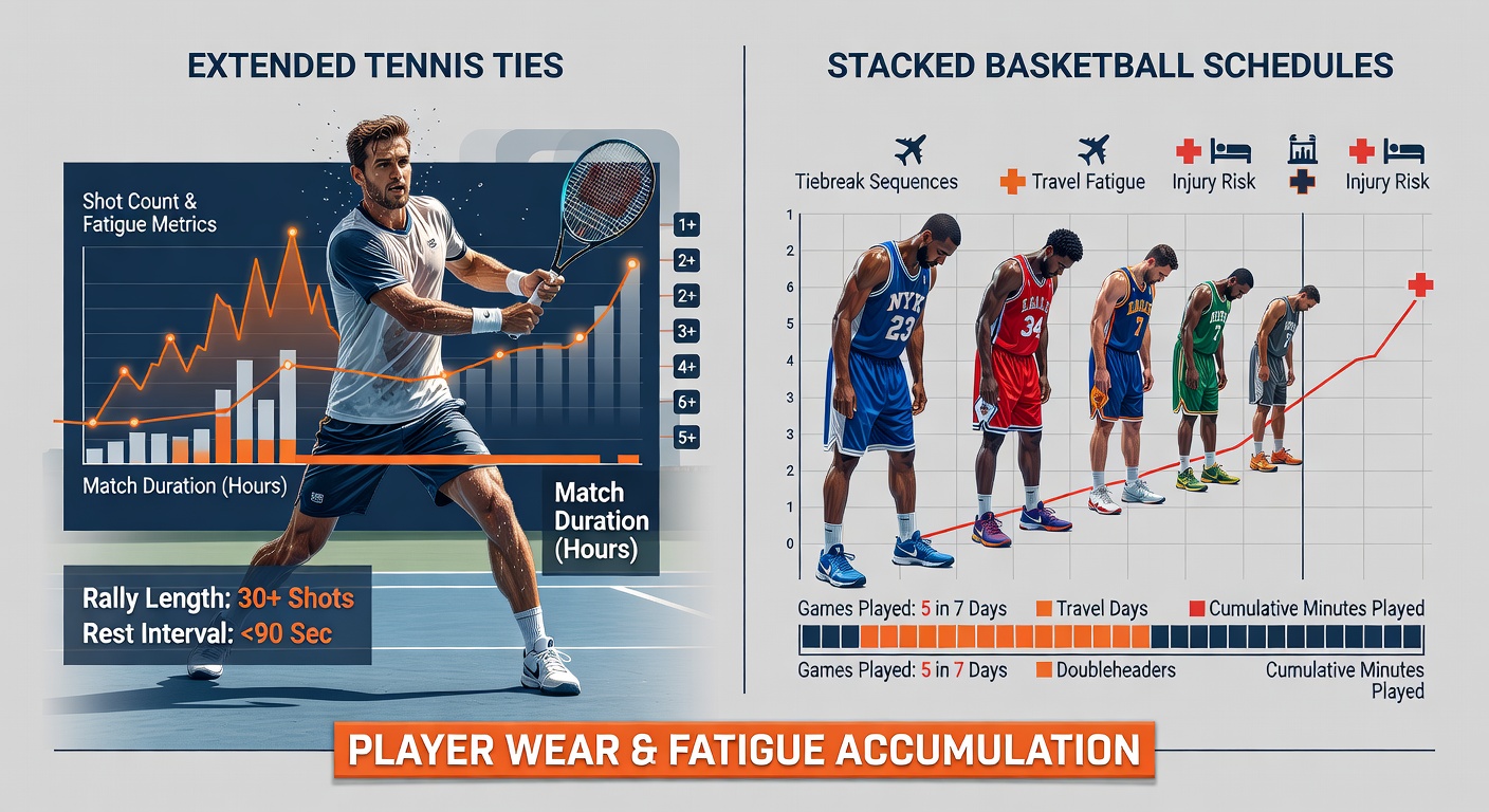NBA players huddled during a timeout in a packed arena, faces showing strain from a third straight road game in stacked schedule
