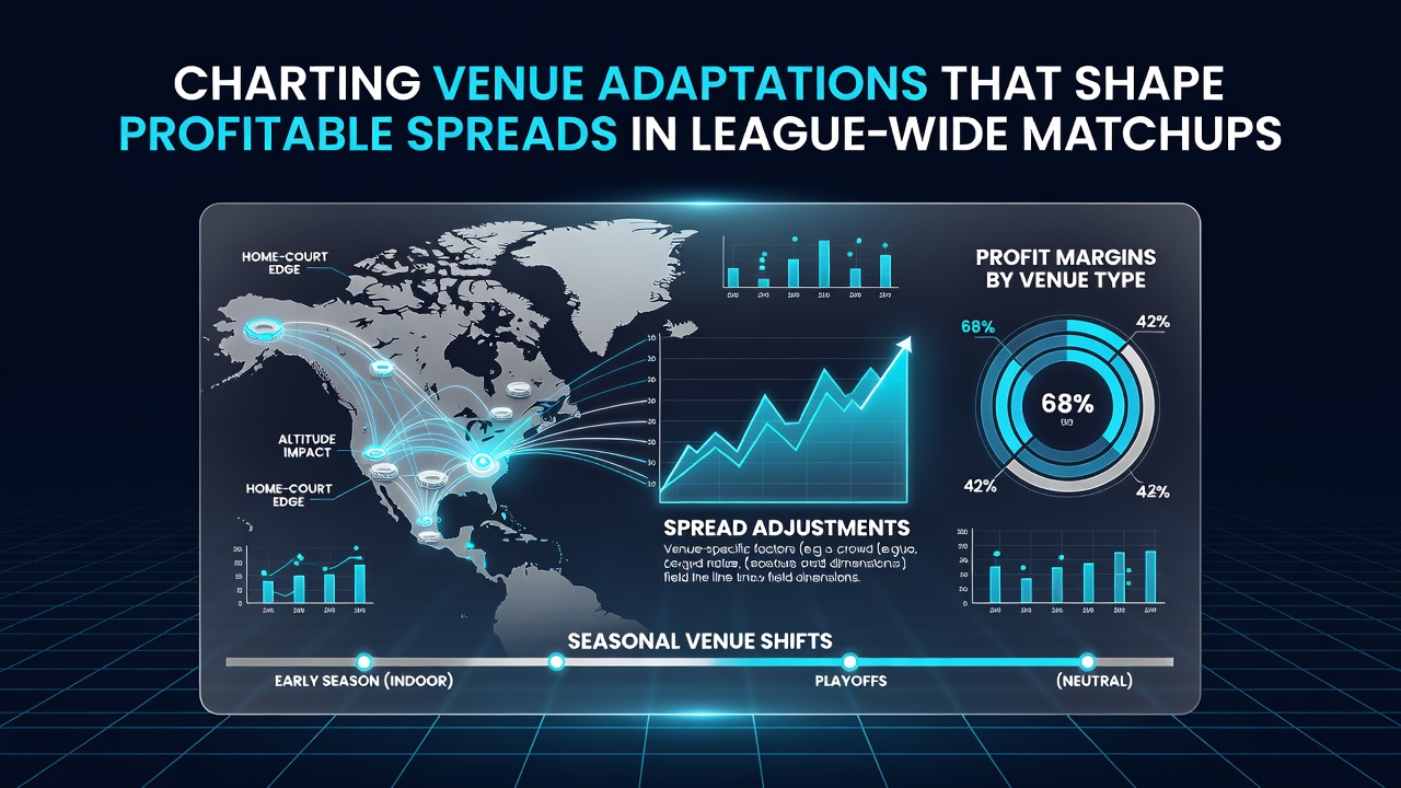 Venue adaptation charts showing spread adjustments across multiple sports leagues with data overlays on stadium and court modifications