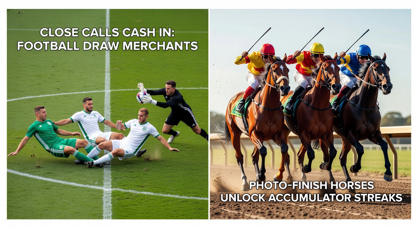 A tense football match ending in a draw with players celebrating, overlaid with a close horse race photo-finish at the track