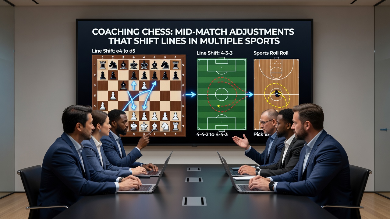 Basketball coach drawing adjustments on clipboard during timeout with players listening intently