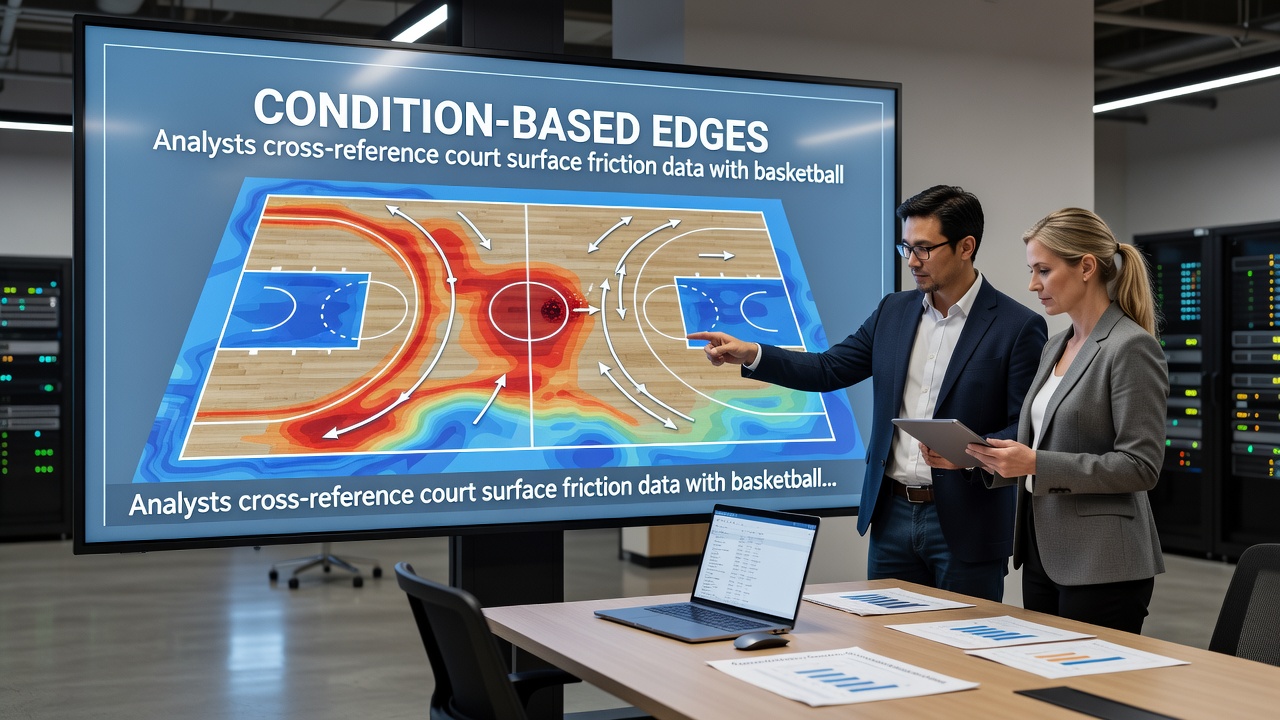 Close-up view of basketball court surface testing equipment and rebound tracking software interface