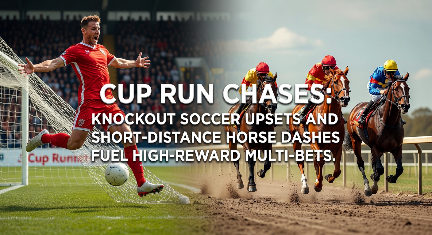 A dramatic soccer cup upset scene with an underdog team celebrating a goal against a top favorite, overlaid with odds charts showing accumulator potential