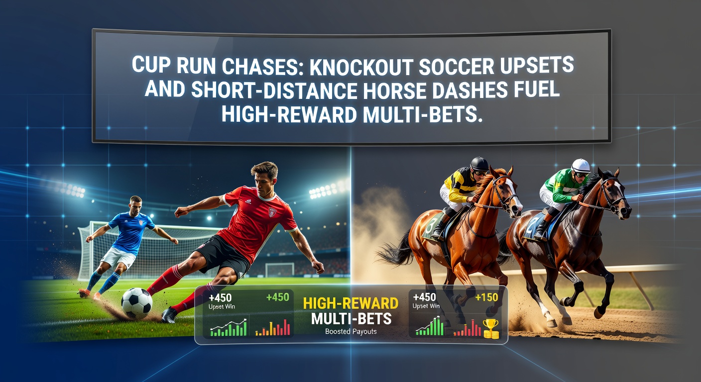 High-speed short-distance horse sprint with horses bursting from gates, crowd in background, and betting slip graphic highlighting multi-bet odds