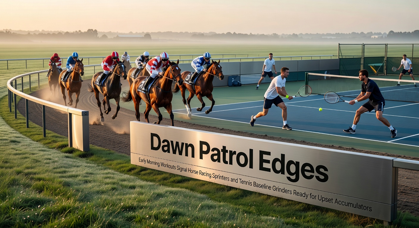 Horse sprinter galloping at dawn on a misty track, with a tennis player grinding baselines in early light nearby