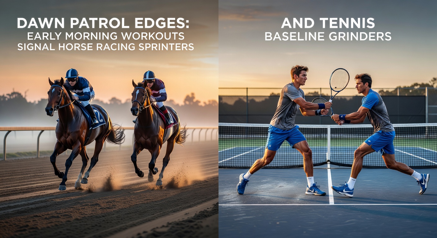 Tennis grinder practicing long rallies at dawn on clay court, paralleled by a horse sprint workout in foggy morning light