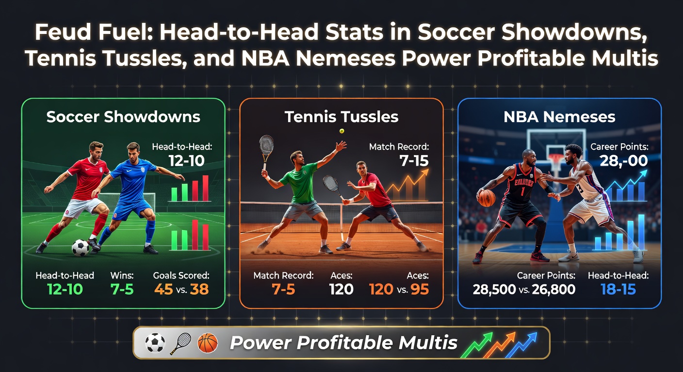 Collage of intense soccer rivalry clash, tennis net exchange, and NBA players in heated matchup, highlighting head-to-head battle stats overlaid on action shots