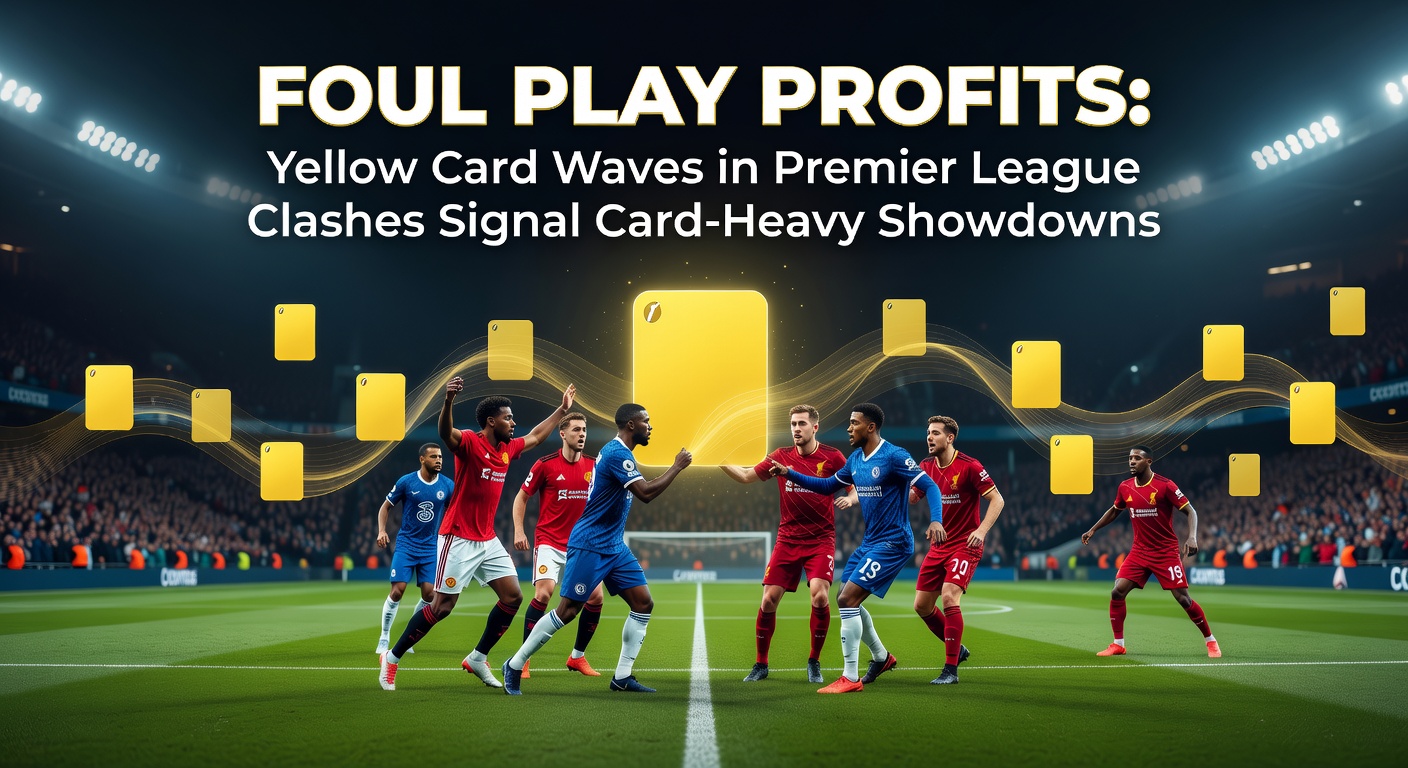 A referee brandishing a yellow card during an intense Premier League match, capturing the tension of a foul-heavy clash