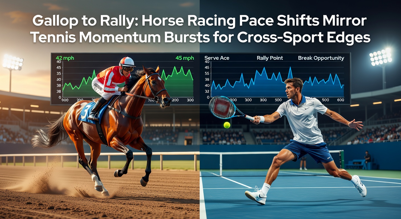 A horse surges ahead in a tight race while a tennis player unleashes a powerful rally, capturing the raw energy of pace and momentum shifts