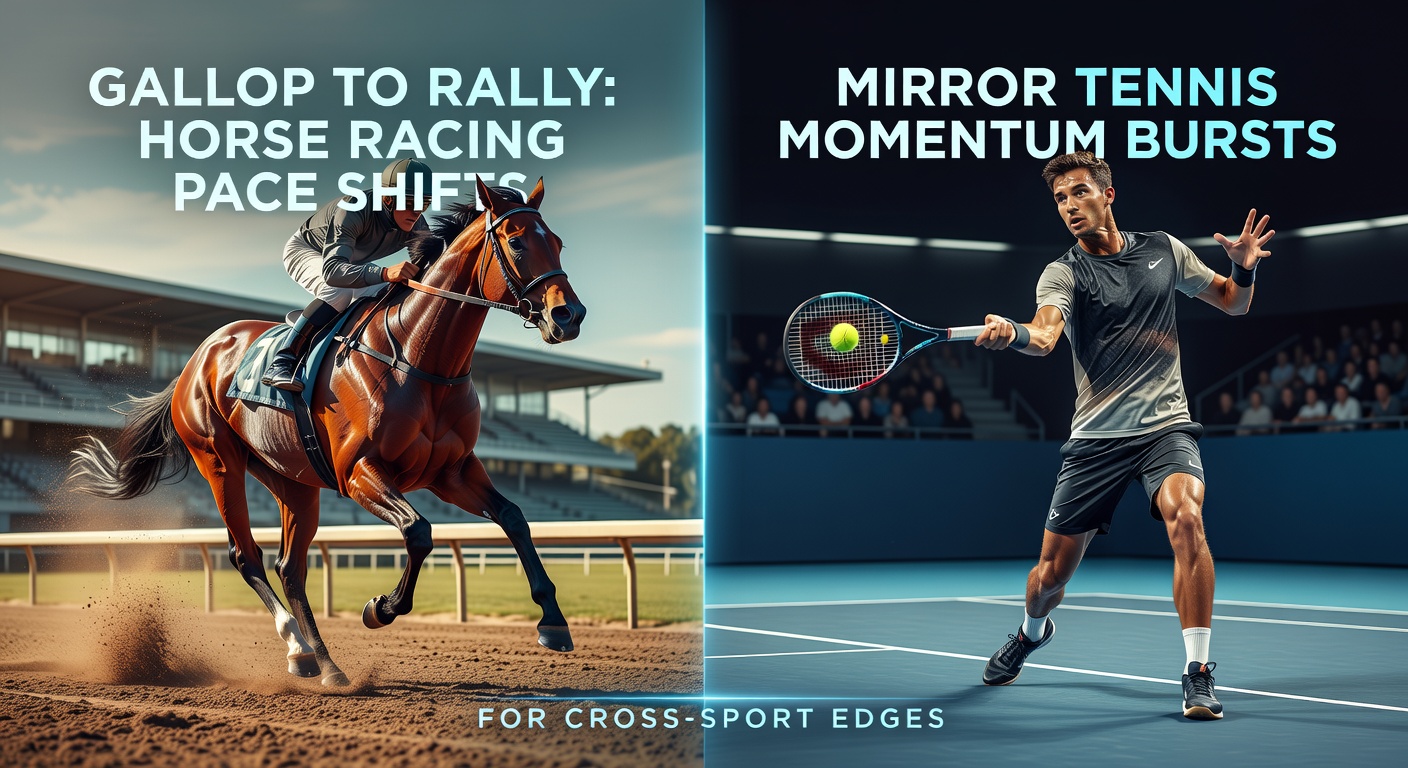 Dynamic split-view of a horse closing from behind in a race and a tennis player mounting a comeback rally, illustrating mirrored momentum