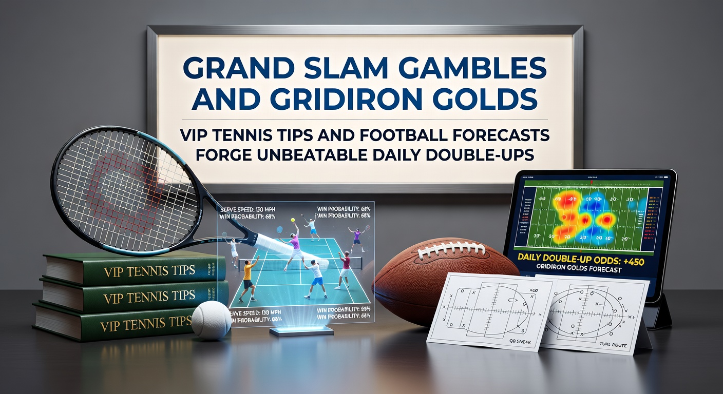 Dynamic action shot of a tennis player serving during a Grand Slam match overlaid with an NFL quarterback launching a pass under stadium lights, symbolizing the fusion of tennis precision and gridiron power in betting strategies