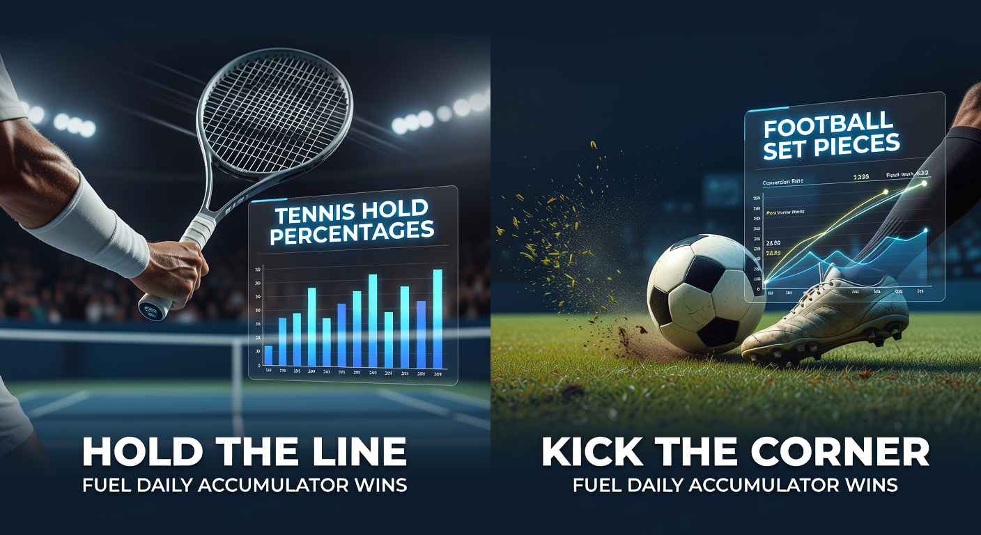 Tennis player serving intensely while a football corner kick unfolds in the background, highlighting key accumulator betting elements