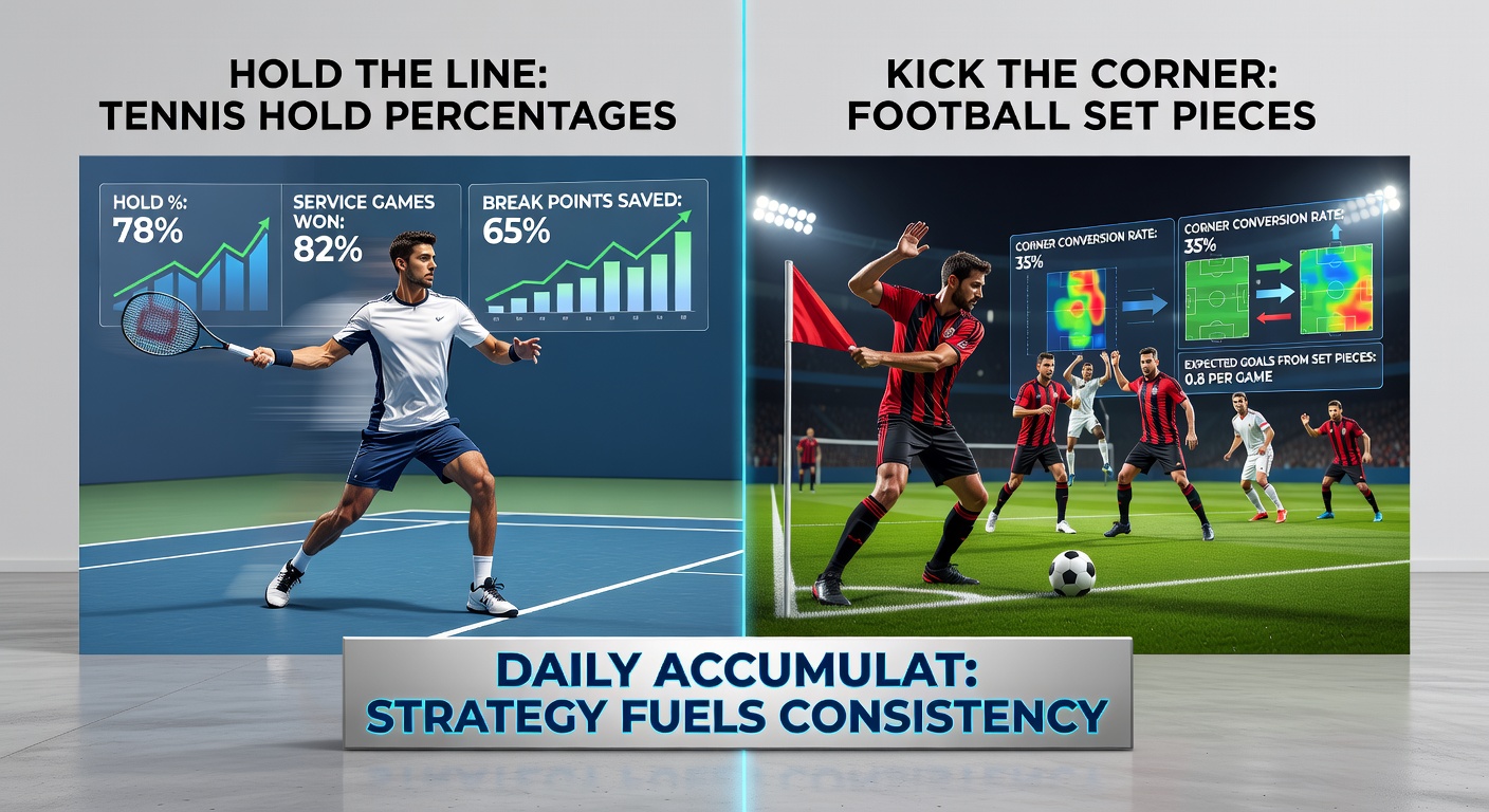 Close-up of a football player taking a corner kick alongside tennis serve analytics charts, symbolizing profitable betting crossovers