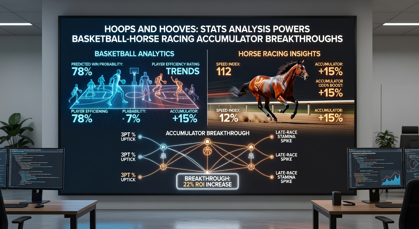 Close-up chart overlay of NBA player stats graphs merging with horse pedigree and speed rating tables, illustrating data-driven accumulator models