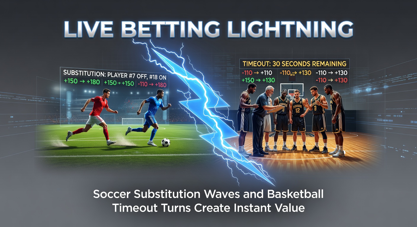 Dynamic live betting screen showing soccer substitutions and shifting odds alongside basketball timeout moments