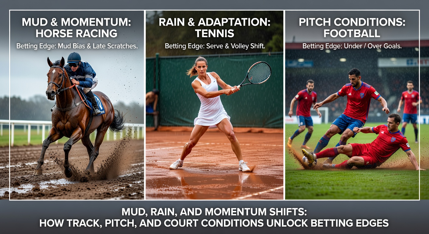 A horse racing track turned muddy under heavy rain, with jockeys pushing through challenging conditions