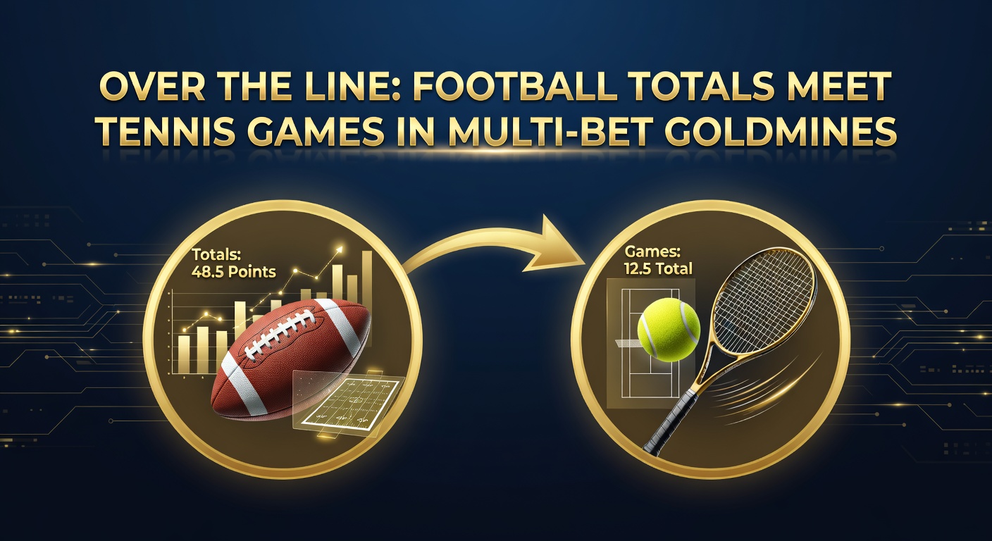 Football pitch action colliding with a tennis court rally, symbolizing the fusion of totals betting in multi-bets