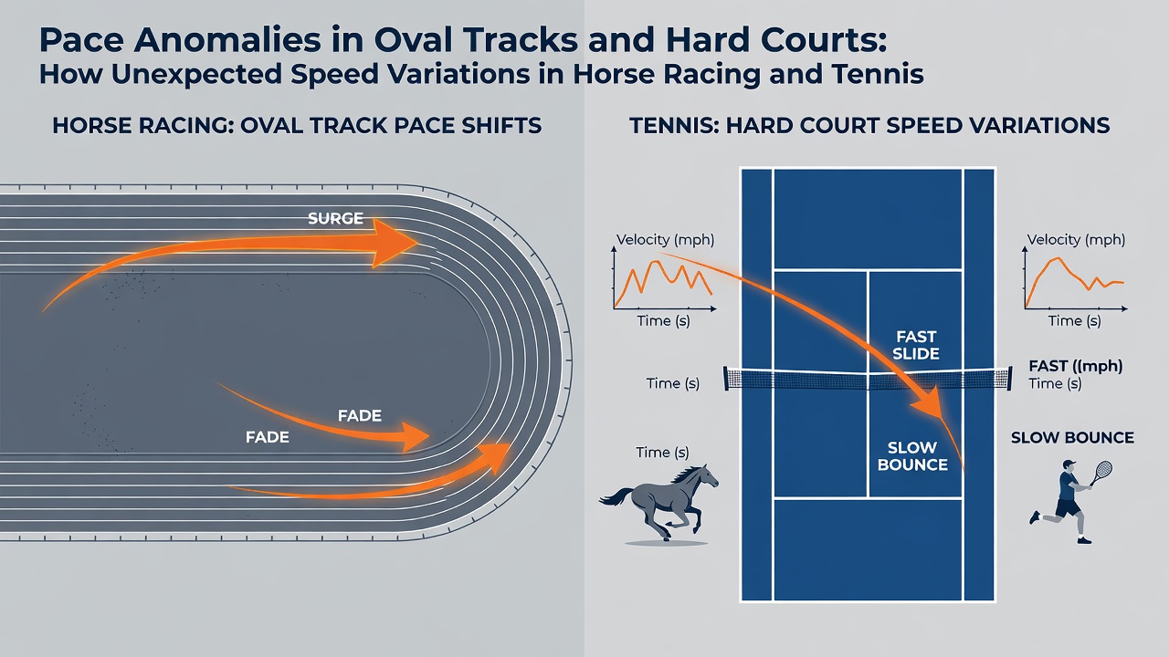 Hard tennis court under bright sunlight showing ball trajectory and surface temperature readings