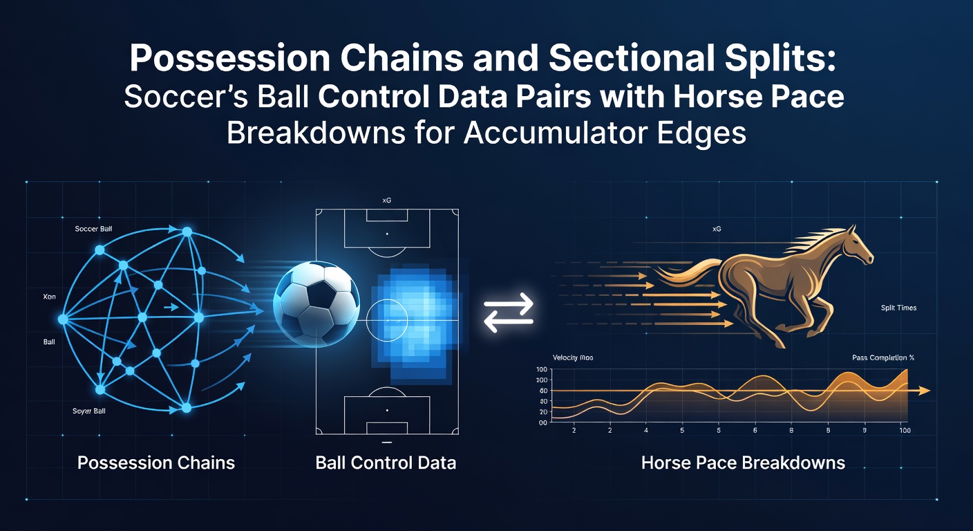 Graphic showing soccer possession chains overlaid with horse racing sectional pace splits, highlighting data correlations for betting accumulators