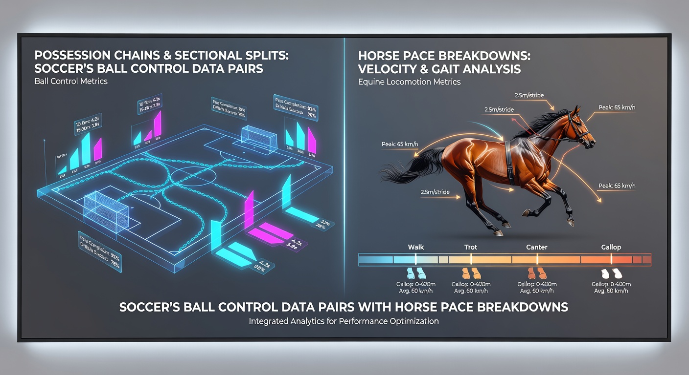 Chart comparing soccer possession chain lengths from recent matches with horse racing sectional time breakdowns, illustrating parallel patterns in sustained performance