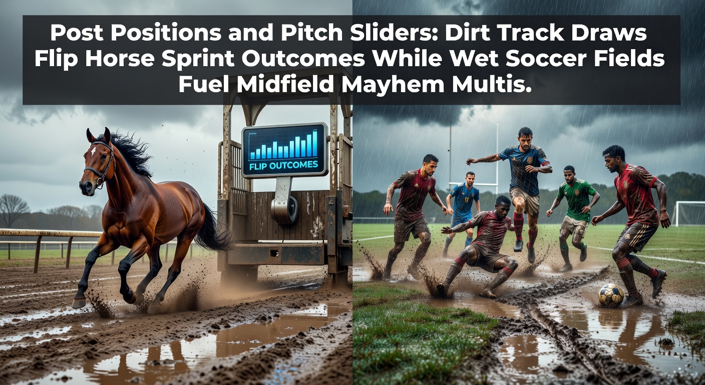 A dirt track horse race with horses bursting from the starting gate, post positions clearly marked, dust kicking up from inside runners