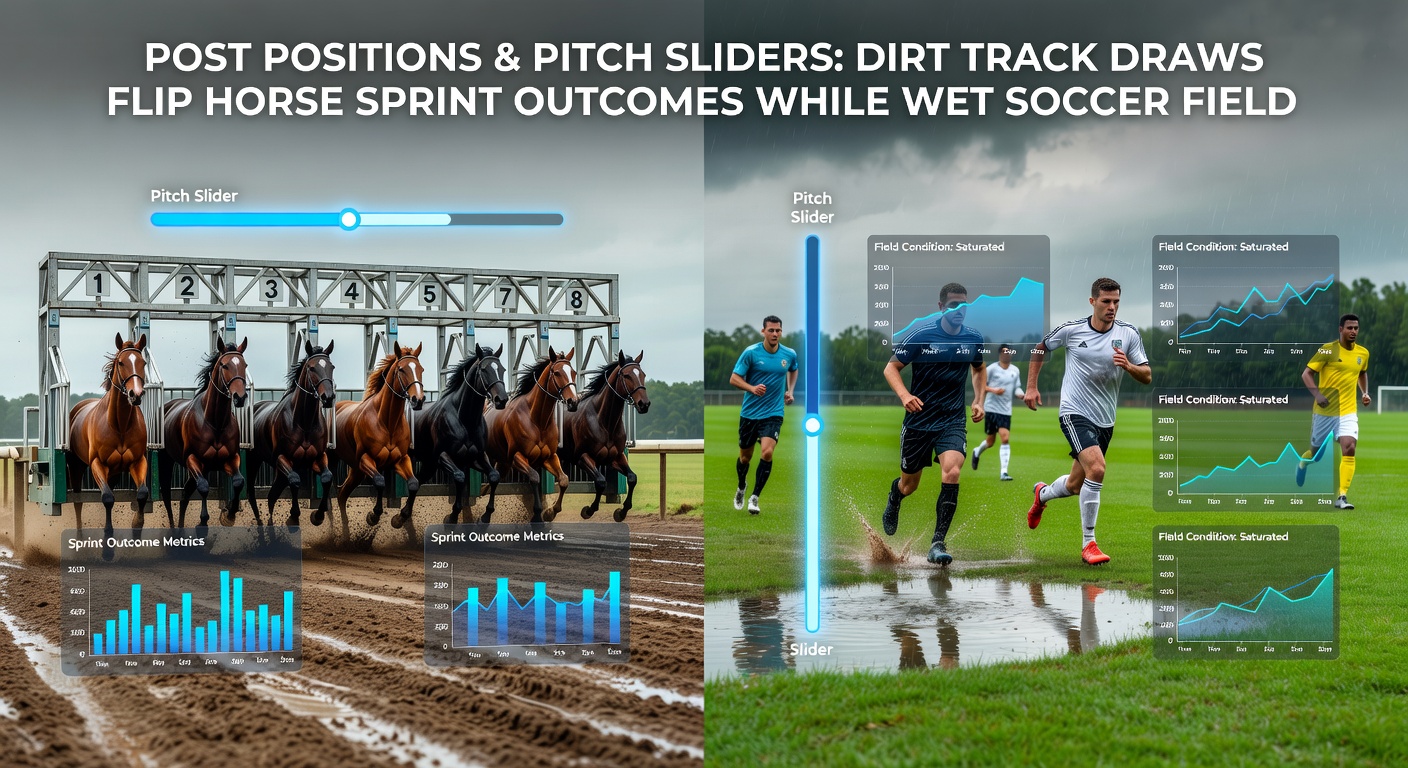 A soccer match on a rain-soaked pitch, midfielders sliding into tackles amid standing water, ball skidding unpredictably