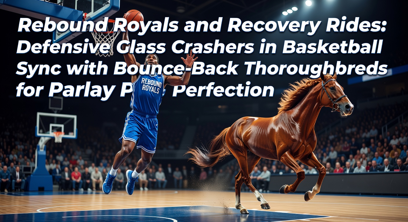 Dynamic action shot of an NBA big man boxing out for a defensive rebound while a thoroughbred surges forward in a tight horse race stretch run
