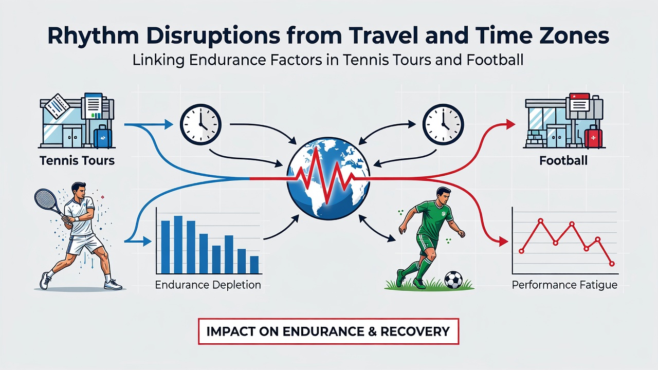Football squad and tennis players reviewing recovery protocols after crossing multiple time zones