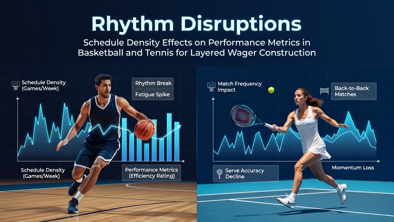 Basketball court and tennis court side by side showing schedule density impacts on player performance metrics