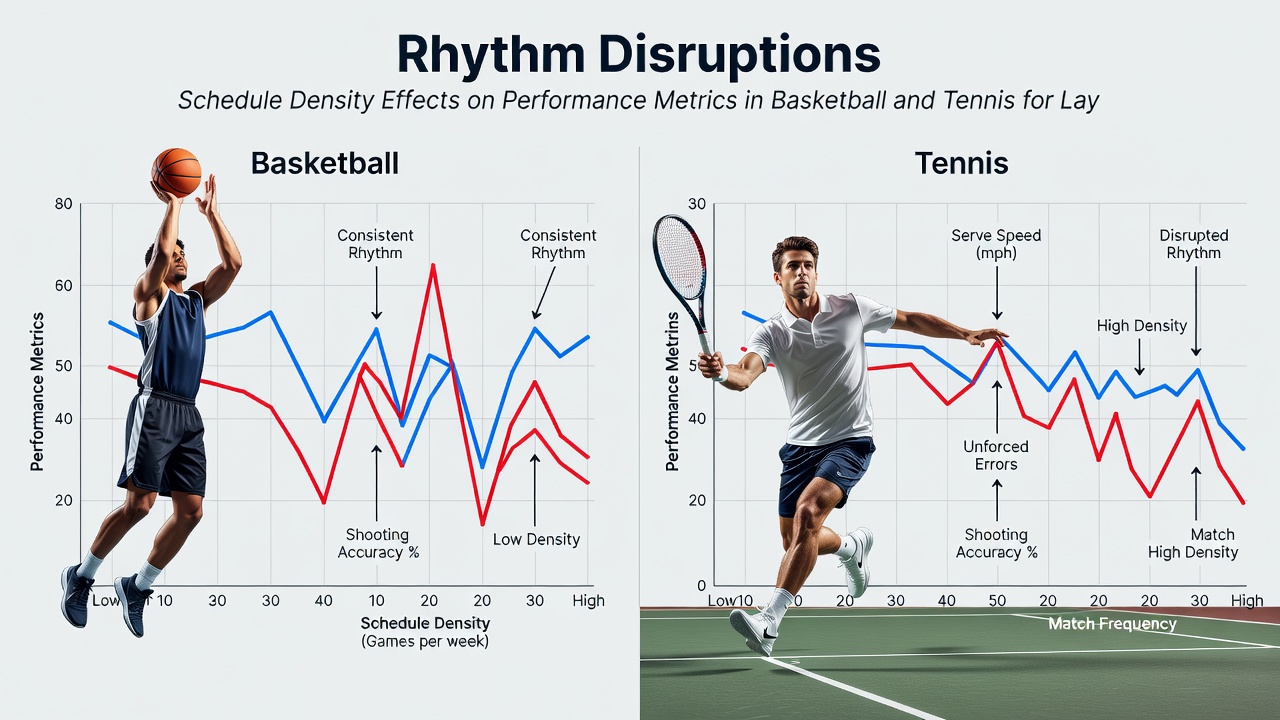 Detailed performance charts comparing basketball and tennis metrics under varying schedule densities