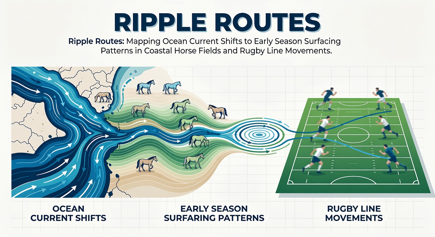 Detailed map showing ocean current patterns near coastal regions with overlays of horse racing tracks and rugby venues