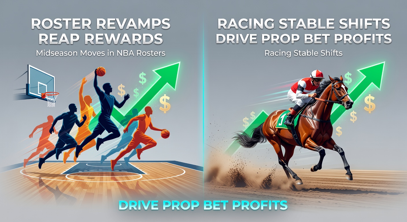 Dynamic NBA trade deadline scene with players shaking hands amid roster changes, overlaid with horse racing stable shifts