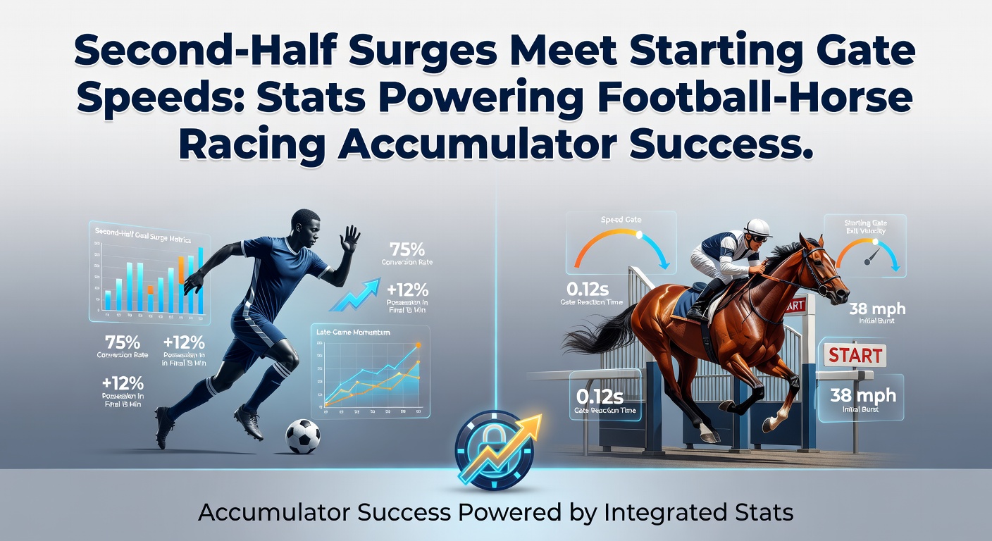 Dynamic scene of football players surging in the second half while horses explode from starting gates, illustrating the stats-driven combo for accumulators