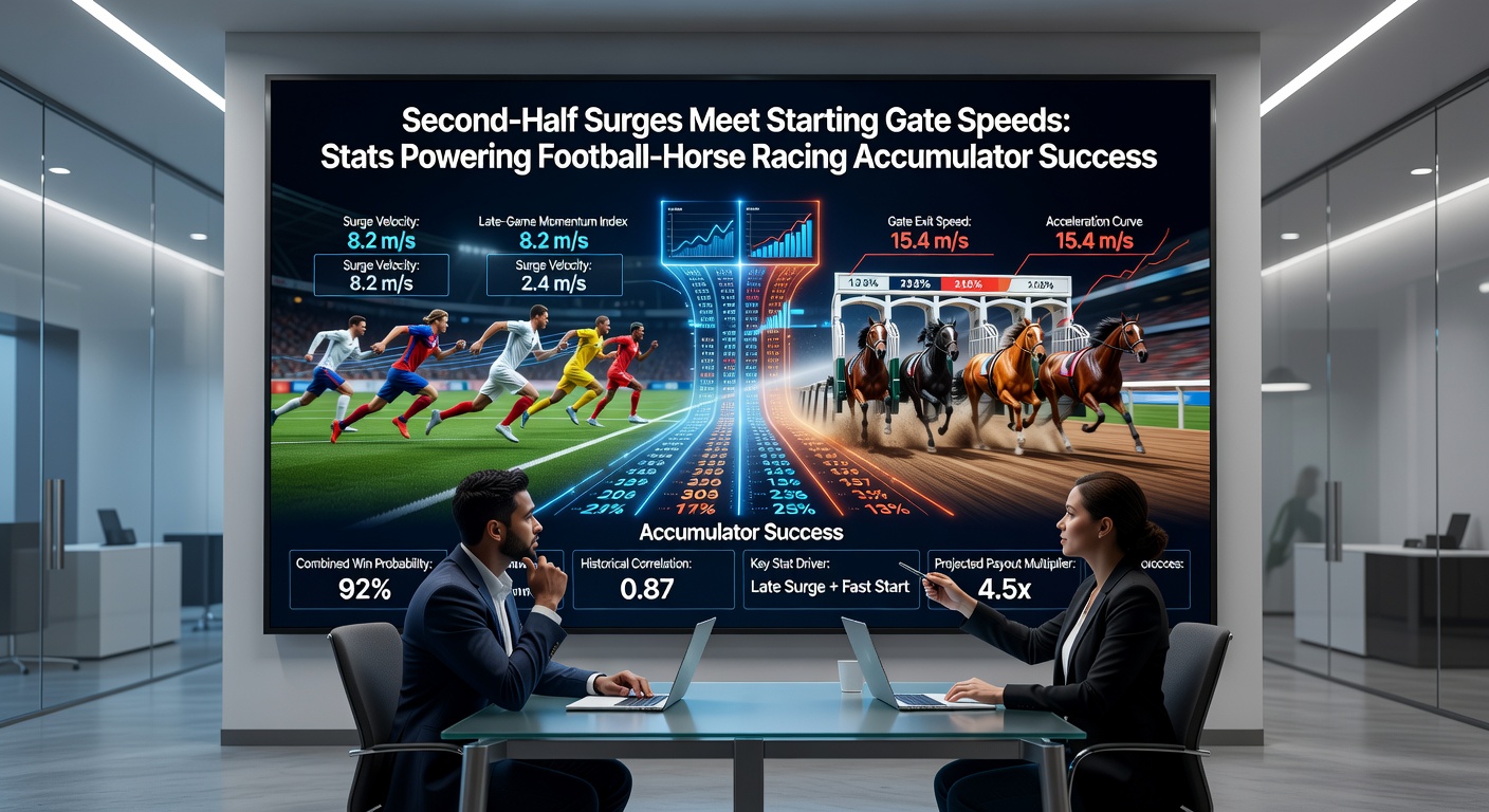 Close-up stats charts overlaying a football pitch goal surge and a horse racing photo finish from the gates, highlighting accumulator win data