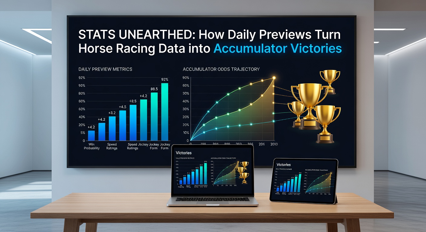 Horse racing track with data overlays showing stats and previews for accumulator bets