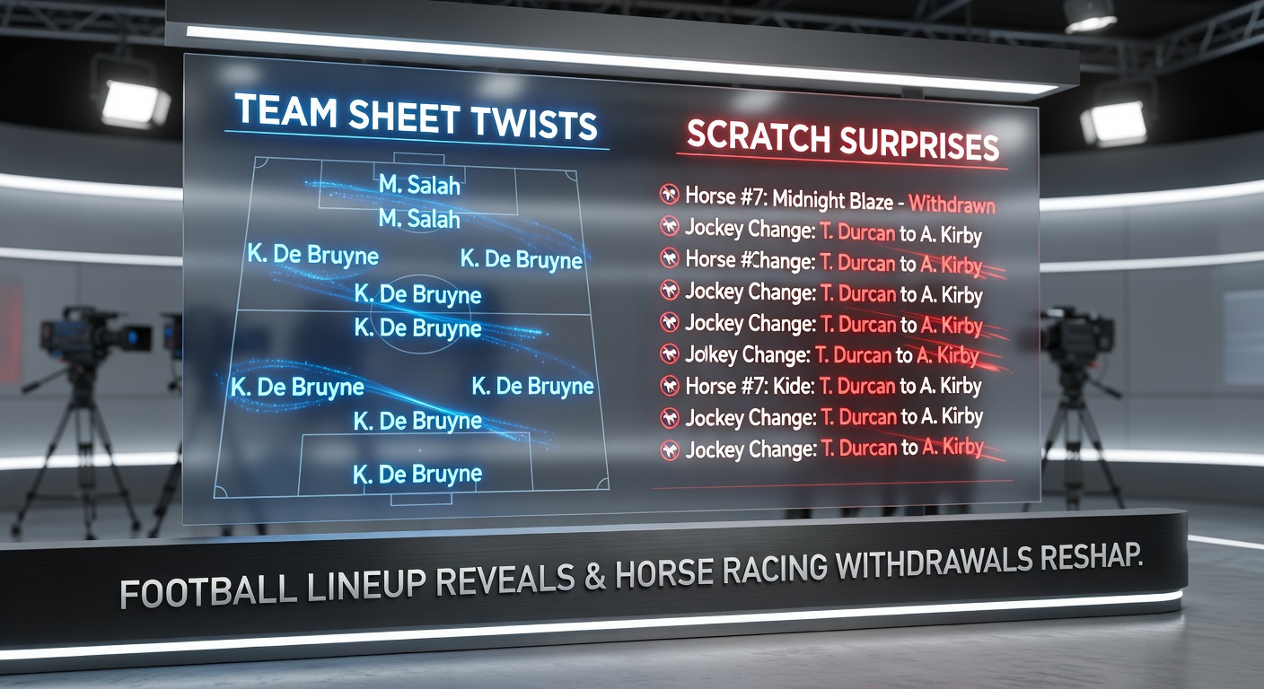 Horse racing starting gate with a sudden withdrawal announcement, overlaid with football team sheet reveal on a stadium screen