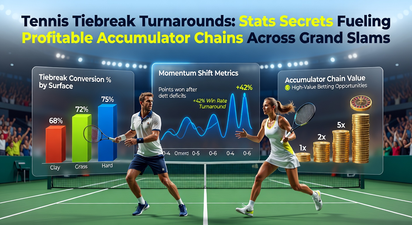Intense tennis tiebreak moment on a Grand Slam court with players lunging for a volley under stadium lights