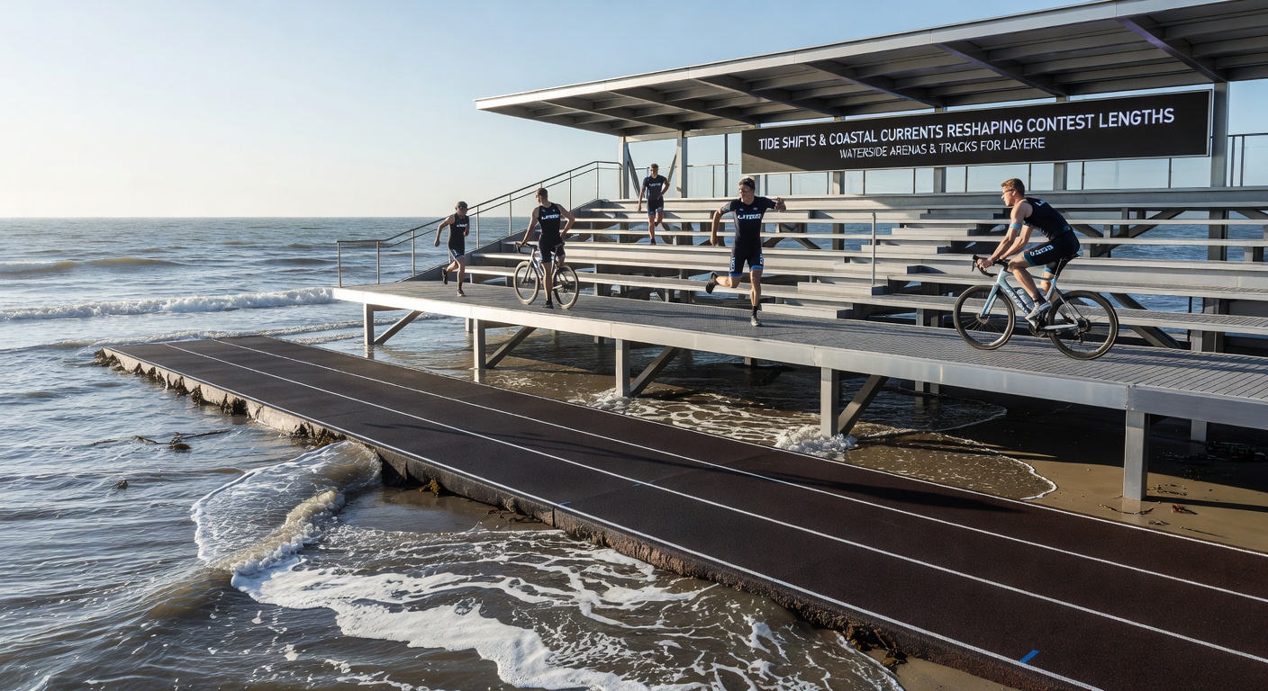 Tennis court at a coastal arena with visible water channels and tidal markers indicating changing conditions