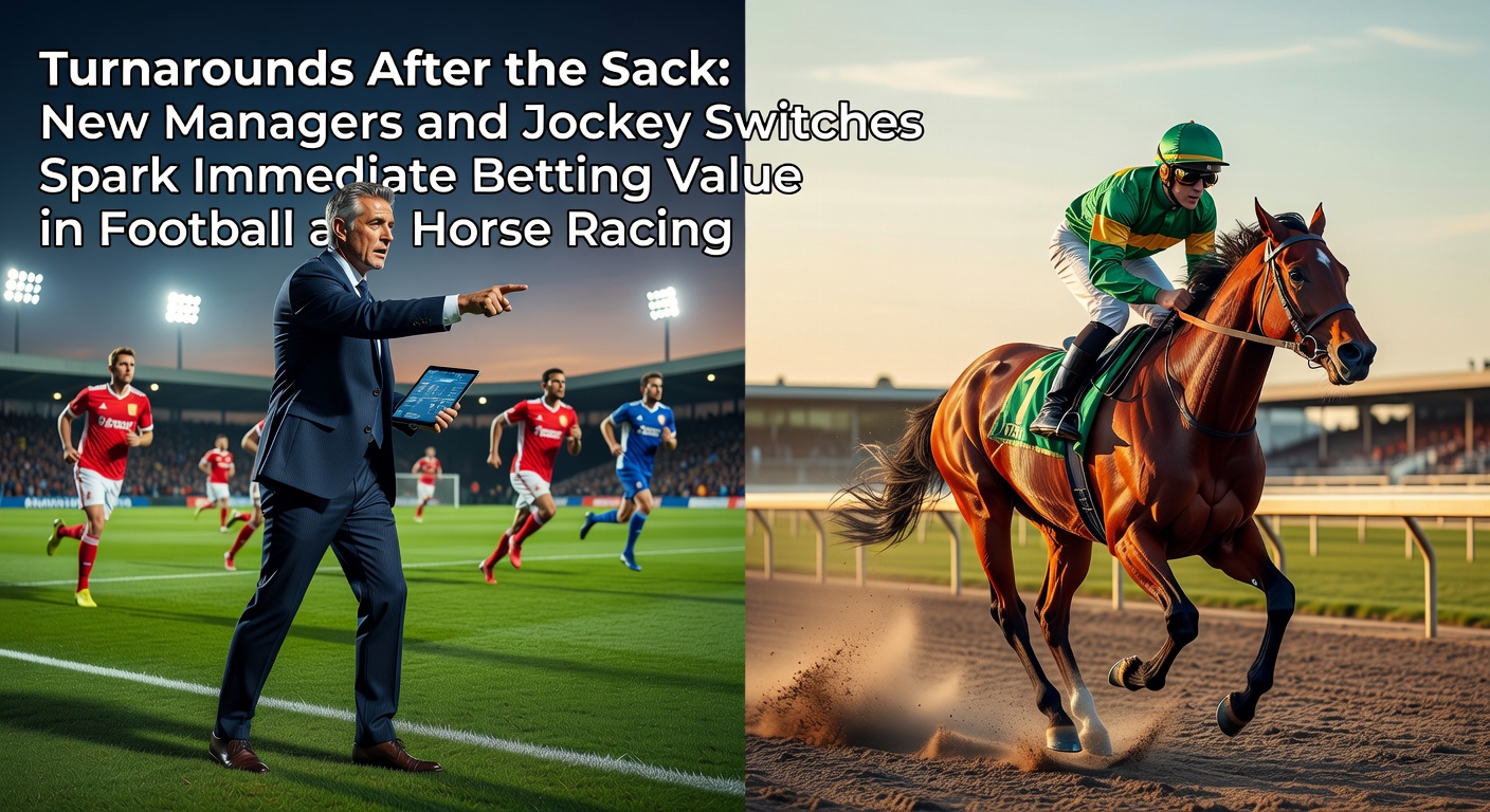 A football manager gestures animatedly from the sidelines while a jockey urges a horse forward in a tight race, capturing the high-stakes drama of leadership changes