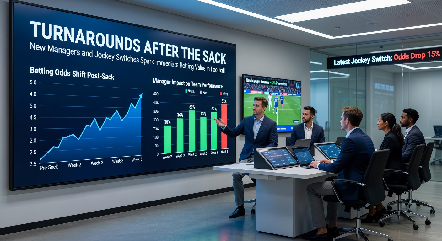 Close-up of a jockey switching mounts mid-meet, overlaid with a football bench celebrating a goal, highlighting parallels in leadership changes across sports