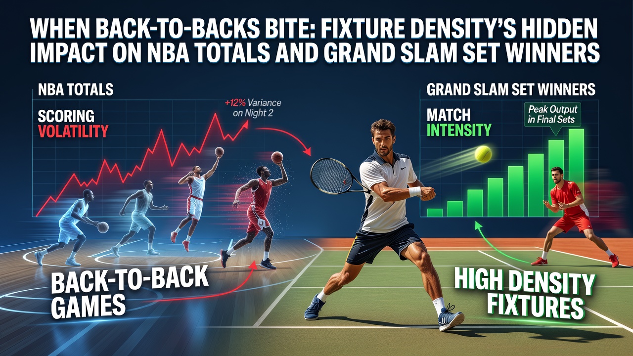 NBA players on court during a back-to-back game showing fatigue effects alongside tennis court scenes from a Grand Slam