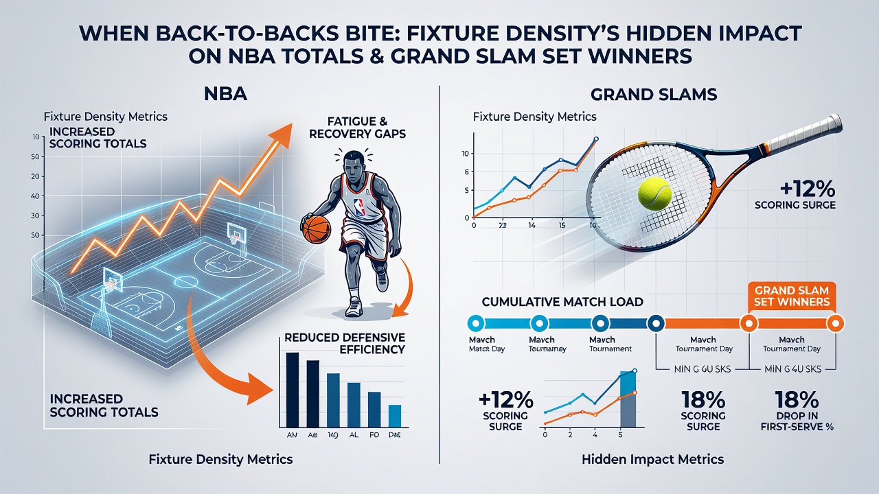 Tennis player competing in a late-round Grand Slam match with visible fatigue contrasted against NBA schedule graphics