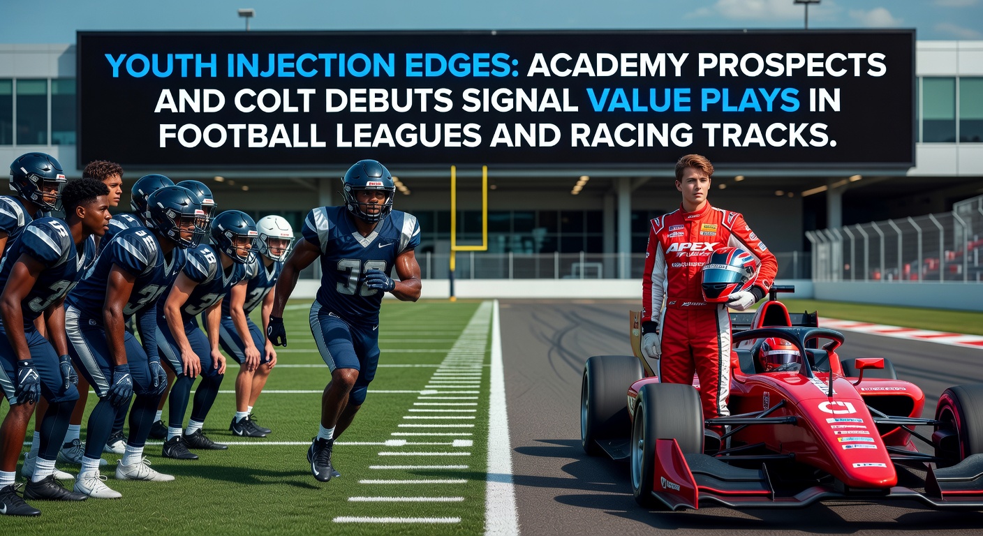 A young academy footballer bursts through defenders during a league match debut, ball at his feet and crowd roaring in the background